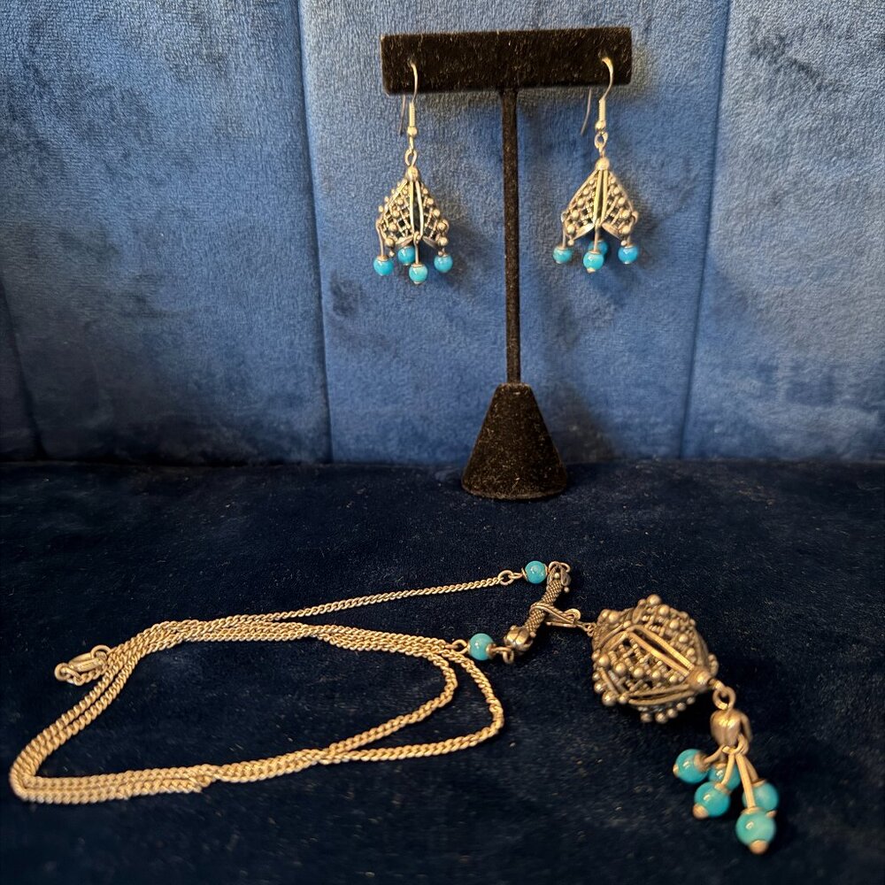 Silver Turquoise Necklace/Earring Set Costume Jewelry Boho Earring/Necklace Set